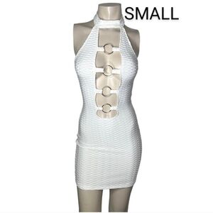🆕Sexy White Halter Honeycomb Textured Front O-Ring LowCut Stretch Bodycon Dress